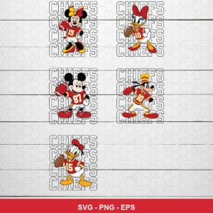 cartoon, playful, modern with classic Disney character integration Chiefs player SVG for Cricut and Silhouette