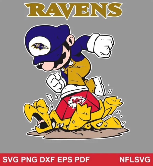 cartoon, modern, caricature style with bold outlines and vibrant colors Baltimore Ravens SVG character design expressing triumph, dominance, rivalry pride for Cricut and Silhouette cutting machines