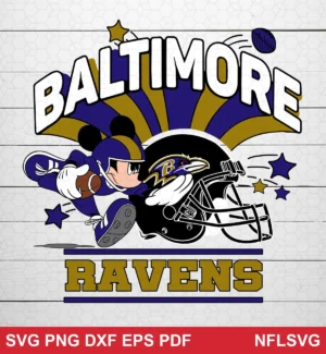 cartoon, modern sports-themed with bold outlines and vibrant team colors Baltimore Ravens SVG classic design expressing team pride and fun for Cricut and Silhouette cutting machines