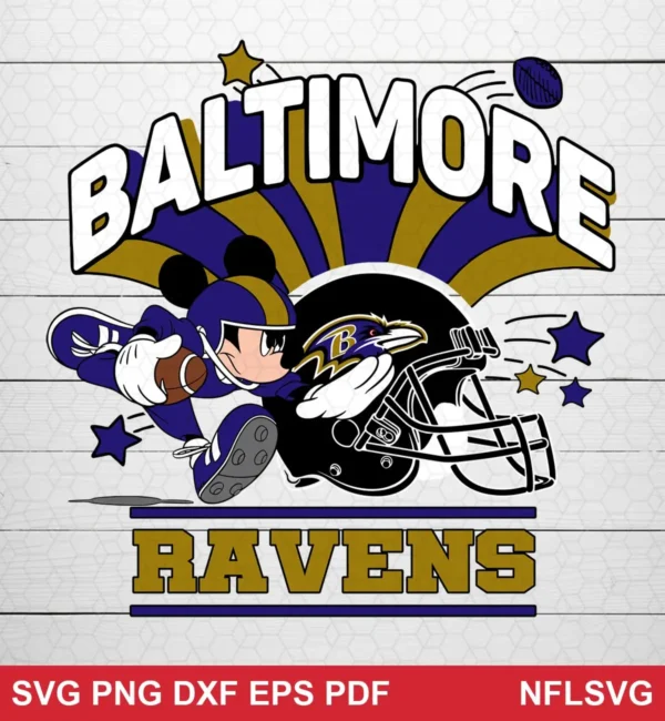 cartoon, modern sports-themed with bold outlines and vibrant team colors Baltimore Ravens SVG classic design expressing team pride and fun for Cricut and Silhouette cutting machines