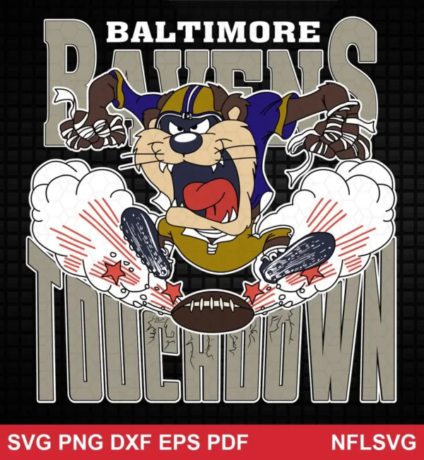 cartoon, bold, dynamic, modern sports mascot style Baltimore Ravens SVG classic design expressing excitement, energy, celebration for Cricut and Silhouette cutting machines