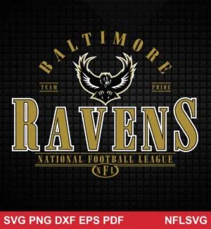 modern, clean, typographic with a bold team logo Baltimore Ravens SVG logo design expressing team pride and strength for Cricut and Silhouette cutting machines
