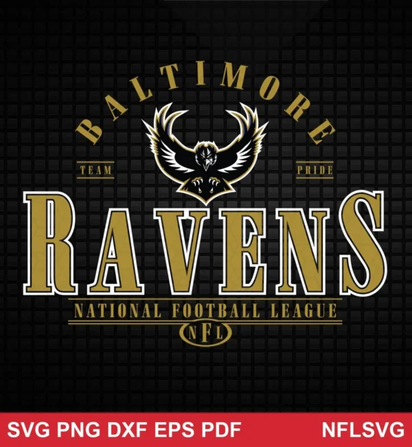 modern, clean, typographic with a bold team logo Baltimore Ravens SVG logo design expressing team pride and strength for Cricut and Silhouette cutting machines