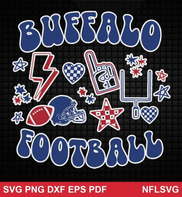 cartoon, playful, and decorative with a focus on fun football-themed graphics Buffalo Bills SVG classic design expressing fun, lighthearted team spirit for Cricut and Silhouette cutting machines