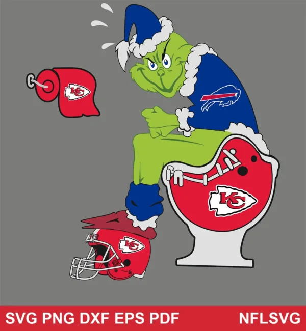 cartoon, humorous, modern digital illustration Buffalo Bills SVG grinch design expressing mocking, humorous, triumphant for Cricut and Silhouette cutting machines
