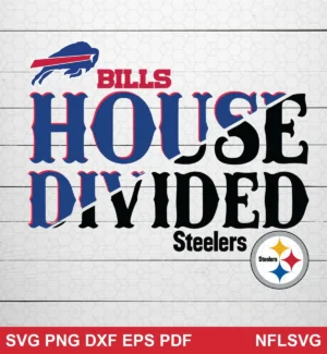 modern typography with a split text effect, minimalistic with team logos and colors Buffalo Bills SVG logo design expressing neutral, representing divided fan loyalty for Cricut and Silhouette cutting machines