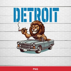 cartoon vintage style with a classic car and anthropomorphic lion character NFL vintage design expressing pride and streng...