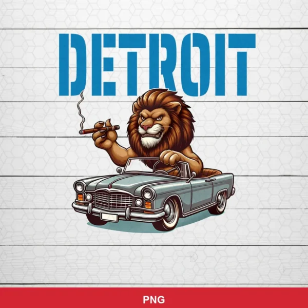 cartoon vintage style with a classic car and anthropomorphic lion character NFL vintage design expressing pride and streng...