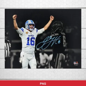 photorealistic sports photography with digital autograph overlay NFL classic design expressing celebration and victory for...