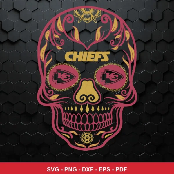 artistic sugar skull with modern digital illustration style Chiefs skull SVG featuring sugar skull for Cricut and Silhouette