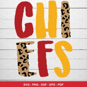 modern, playful, and colorful typography-based design with a rustic wood background Chiefs SVG for Cricut and Silhouette