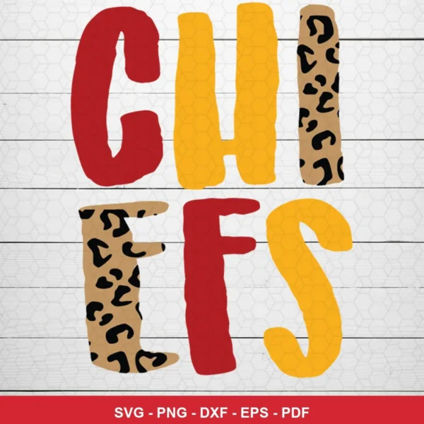 modern, playful, and colorful typography-based design with a rustic wood background Chiefs SVG for Cricut and Silhouette