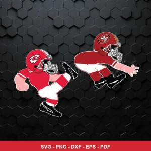 cartoon, simplified player caricatures with bold outlines 49ers player SVG expressing mockery for Cricut and Silhouette