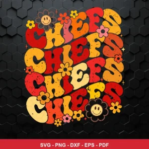 colorful, playful, floral, retro 70s-inspired typography with smiley flowers Chiefs SVG for Cricut and Silhouette