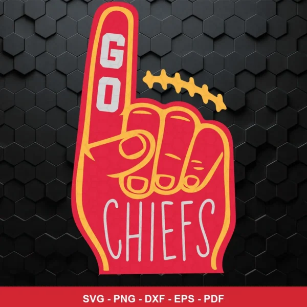 modern cartoon style with bold outlines and simple shapes Chiefs SVG featuring foam finger for Cricut and Silhouette