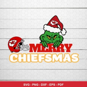 cartoon, festive holiday theme with sports elements Chiefs Grinch SVG expressing festive cheer for Cricut and Silhouette
