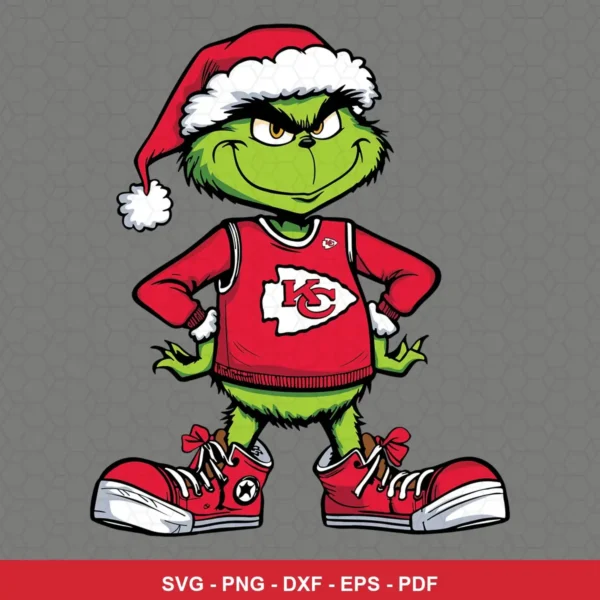 cartoon, modern, playful Chiefs Grinch SVG expressing playful, festive featuring grinch character for Cricut and Silhouette