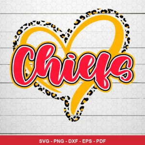 modern, clean script typography with a subtle leopard print heart background Chiefs SVG for Cricut and Silhouette