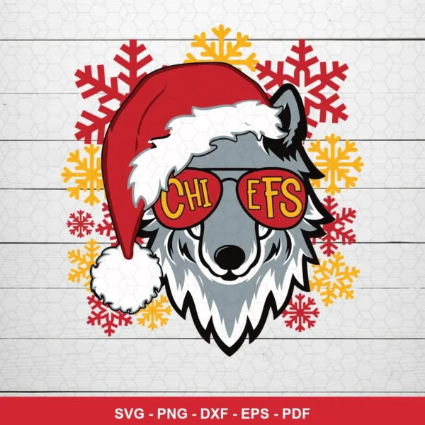 modern cartoon with holiday theme Chiefs SVG expressing festive team pride featuring wolf head for Cricut and Silhouette