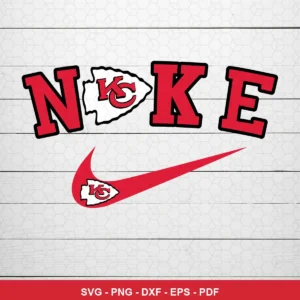 modern, minimalist logo mashup Chiefs logo SVG expressing team pride featuring nike swoosh for Cricut and Silhouette