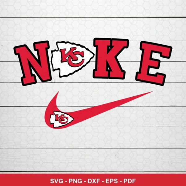 modern, minimalist logo mashup Chiefs logo SVG expressing team pride featuring nike swoosh for Cricut and Silhouette