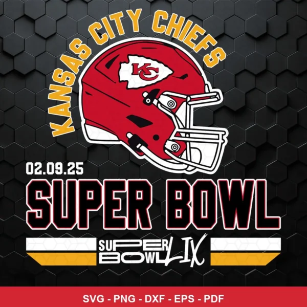 modern, clean sports graphic with bold typography and a hexagonal pattern background Chiefs helmet SVG for cutting machines