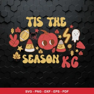cartoonish, playful fall-themed with cute Halloween elements Chiefs SVG expressing festive, cheerful for cutting machines