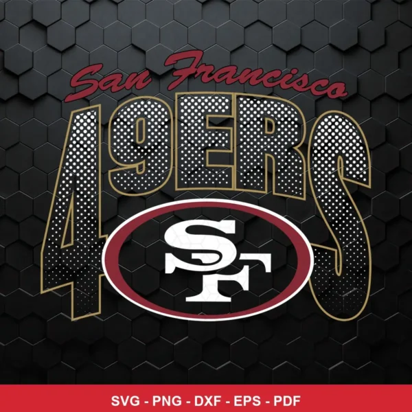 modern with bold typography and hexagonal textured background 49ers logo SVG expressing team pride for Cricut and Silhouette