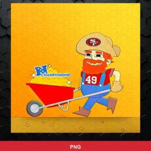 cartoon, modern, playful 49ers player SVG expressing dominance and pride for Cricut and Silhouette