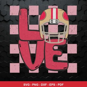 modern cartoon with distressed texture 49ers helmet SVG featuring word love for Cricut and Silhouette