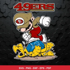 cartoon, modern, bold lines with vibrant colors 49ers player SVG expressing mockery and dominance for Cricut and Silhouette