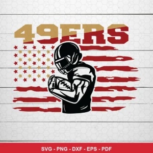 modern silhouette with distressed vintage American flag background 49ers player SVG for Cricut and Silhouette