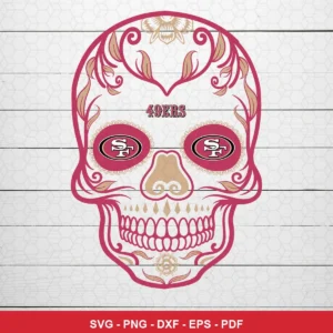 modern stylized skull with floral and ornamental elements, inspired by Day of the Dead sugar skull art 49ers skull SVG
