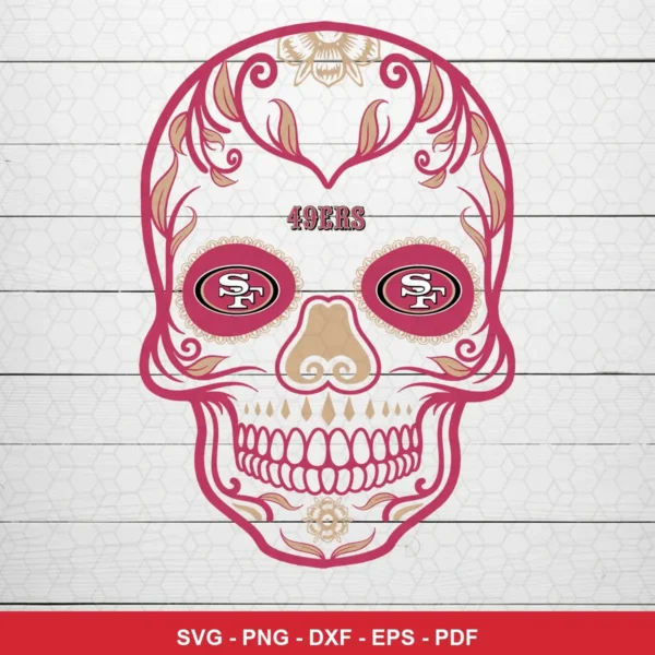 modern stylized skull with floral and ornamental elements, inspired by Day of the Dead sugar skull art 49ers skull SVG