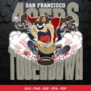 cartoon, modern sports mascot style 49ers player SVG expressing celebration and excitement for Cricut and Silhouette
