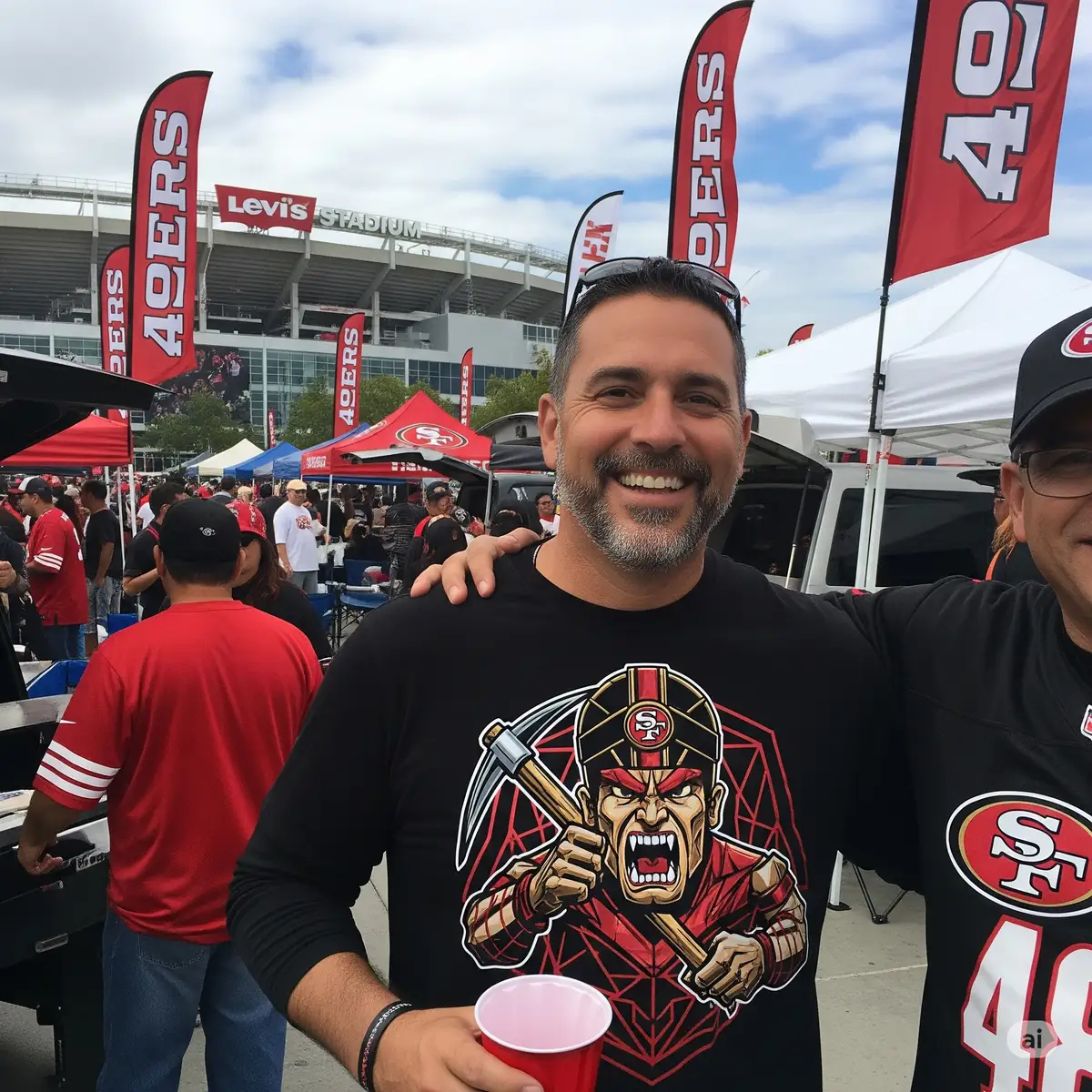 49ers fan wearing custom SVG shirt design at Levi's Stadium tailgate party