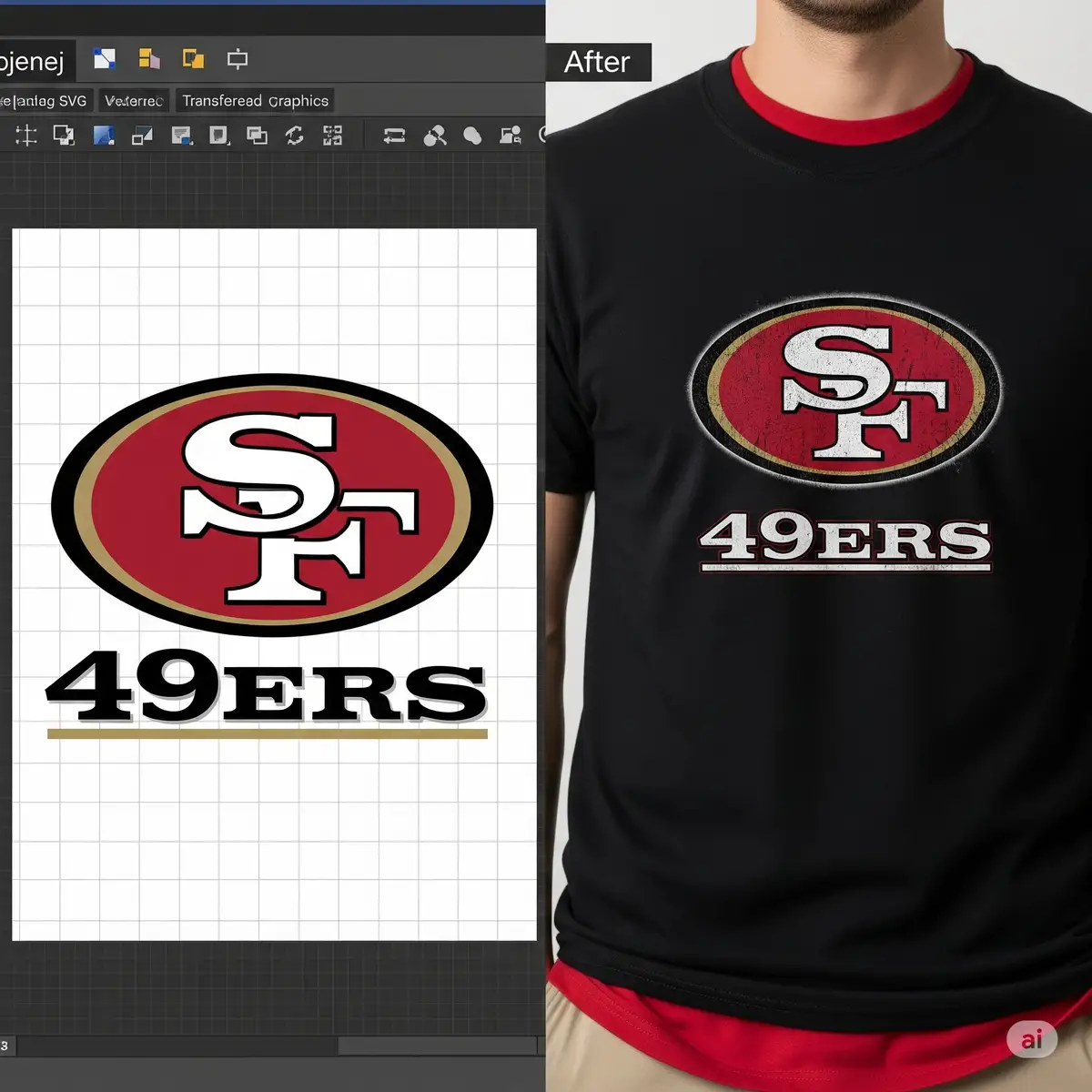 Before and after comparison showing 49ers SVG file transformed into custom fan shirt
