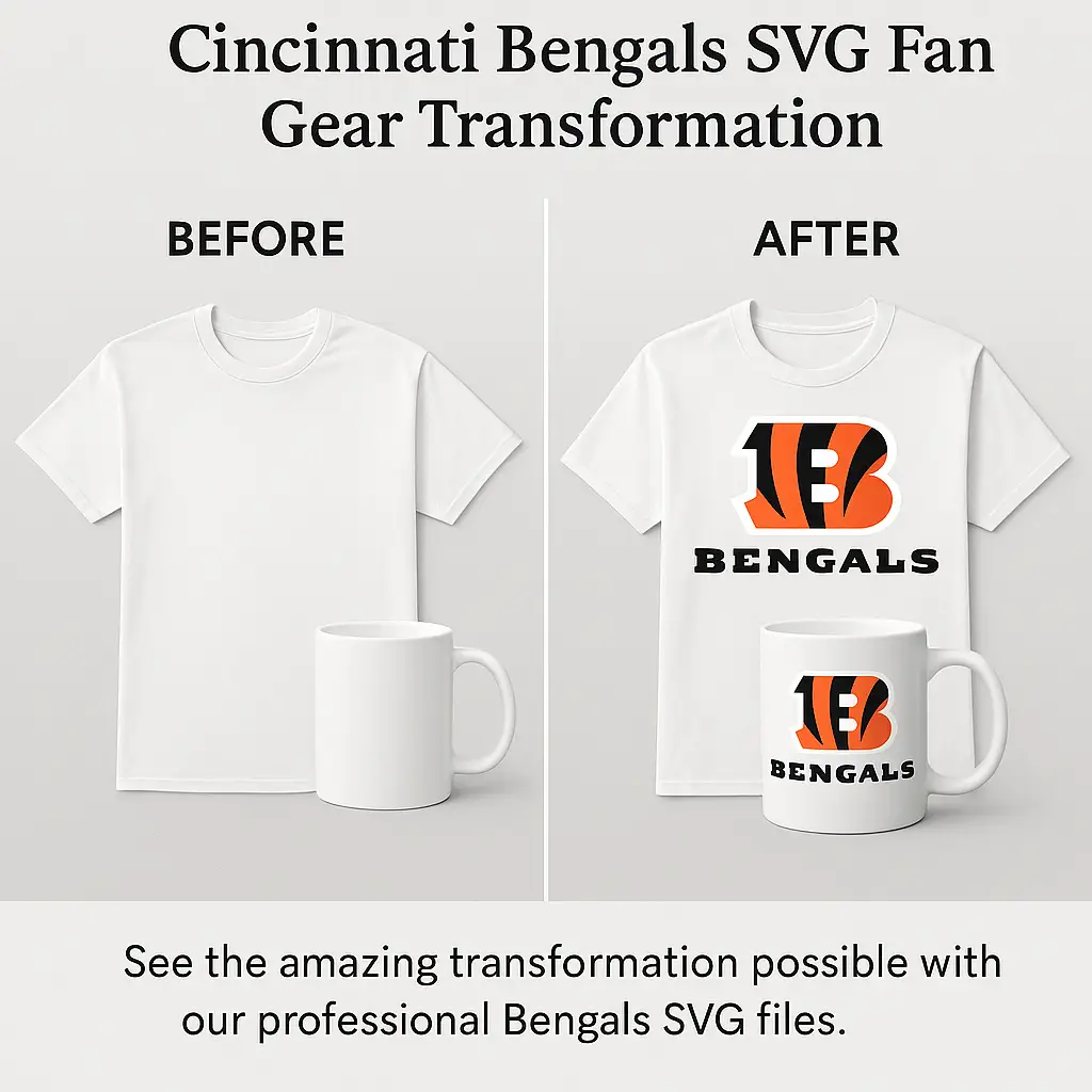 Before and after photos showing plain white shirts and mugs transformed into Cincinnati Bengals fan gear using SVG files