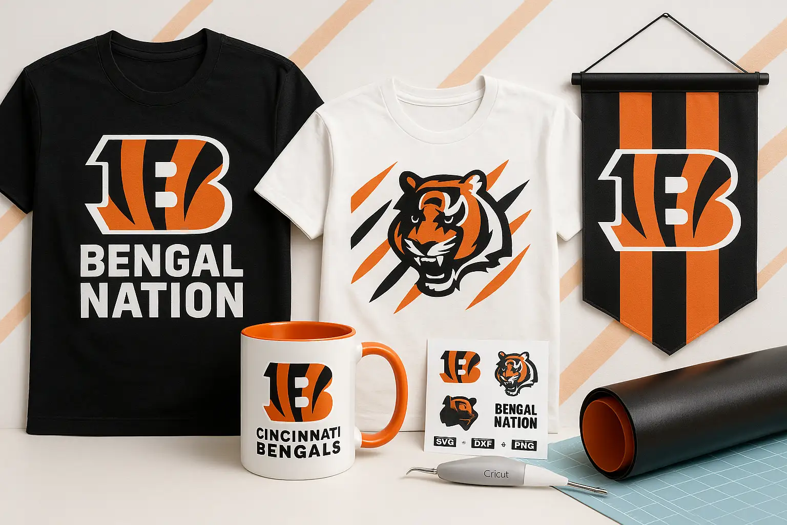 Cincinnati Bengals SVG designs displayed on shirts, mugs, and banners showing customization options