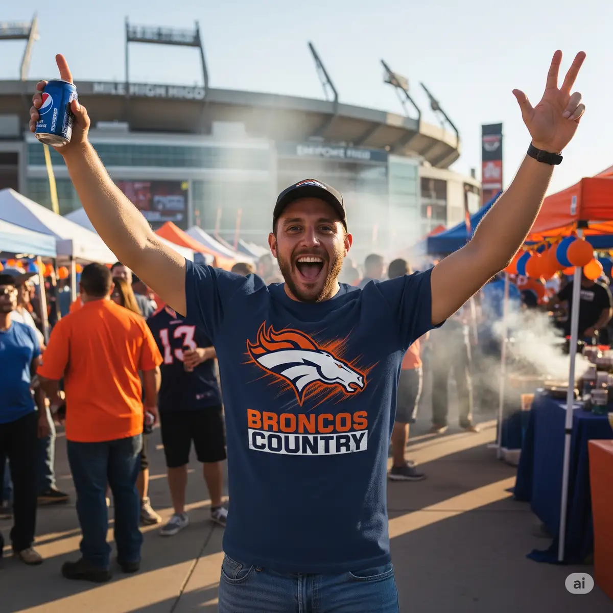 Happy Denver Broncos fan wearing custom SVG-designed shirt while tailgating at Mile High Stadium
