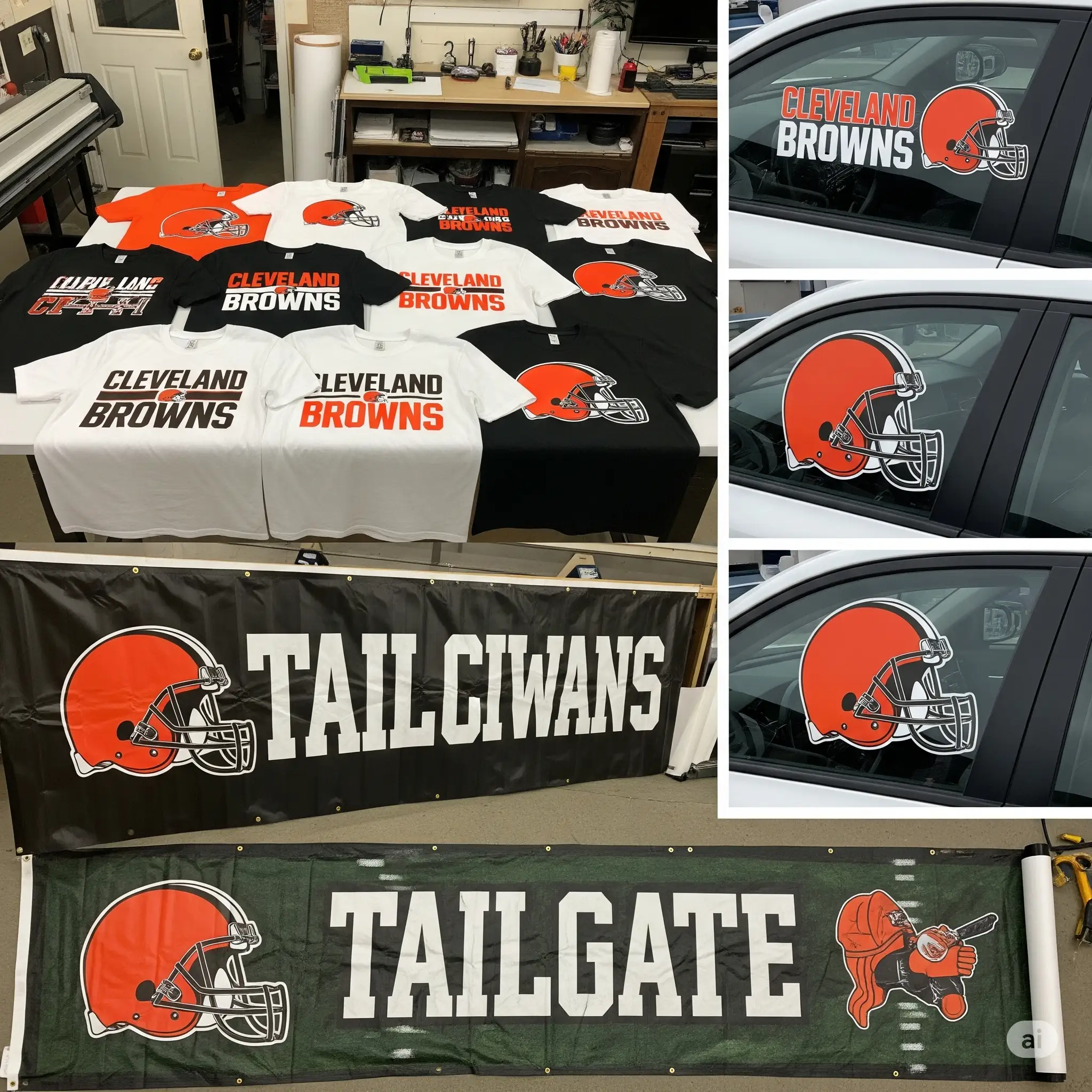 Cleveland Browns fan-made projects using SVG files including custom shirts, car decals, and tailgate banners showcasing team pride