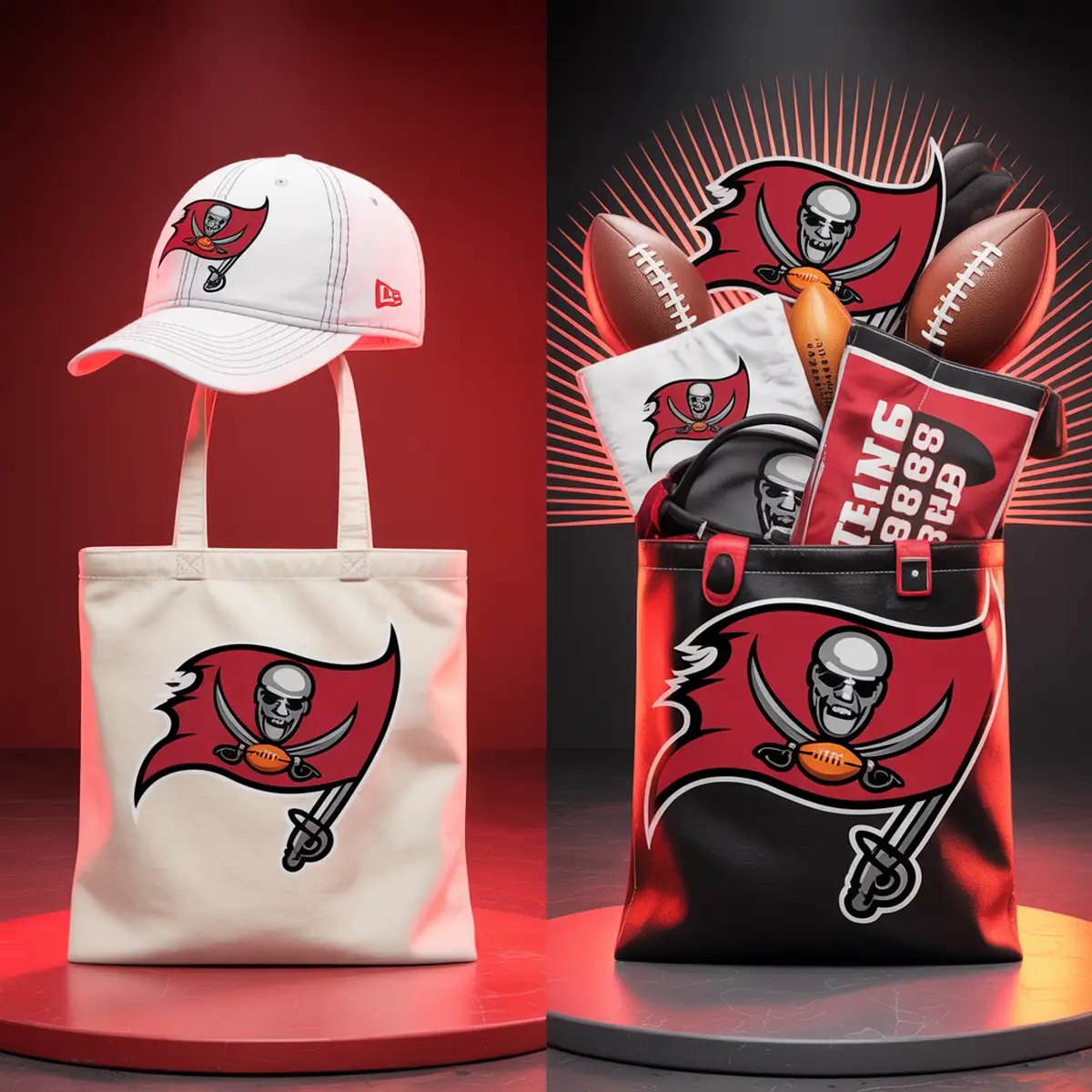 Before and after comparison of plain items transformed with Tampa Bay Buccaneers SVG designs