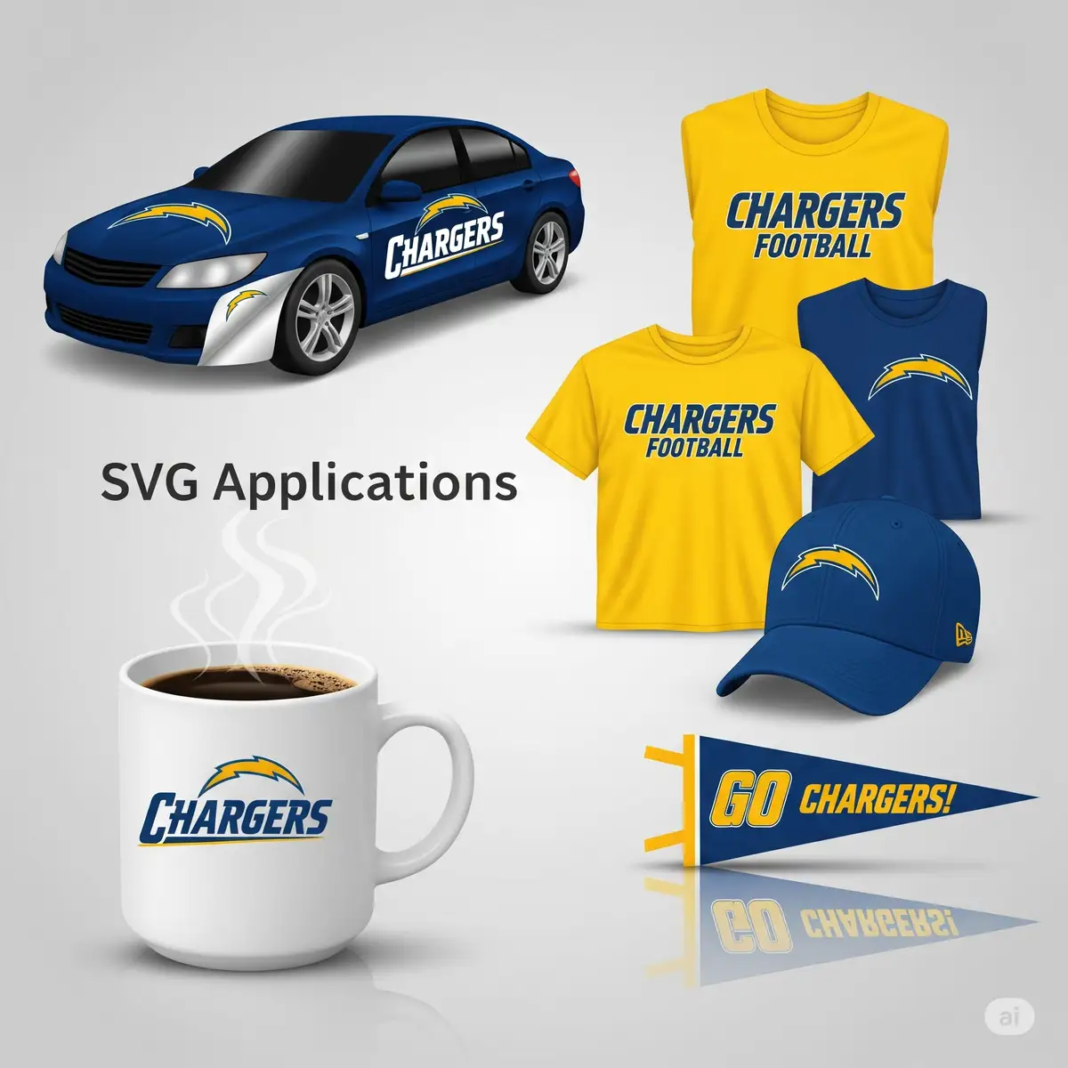 Multiple Chargers SVG applications including car decals, coffee mugs, and gameday apparel