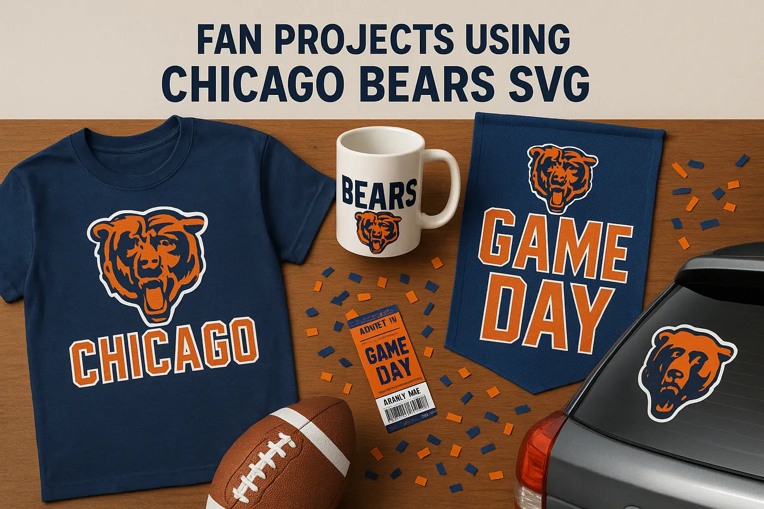 Chicago Bears fan projects made with SVG files including custom t-shirts, coffee mugs, gameday banners, and car decals