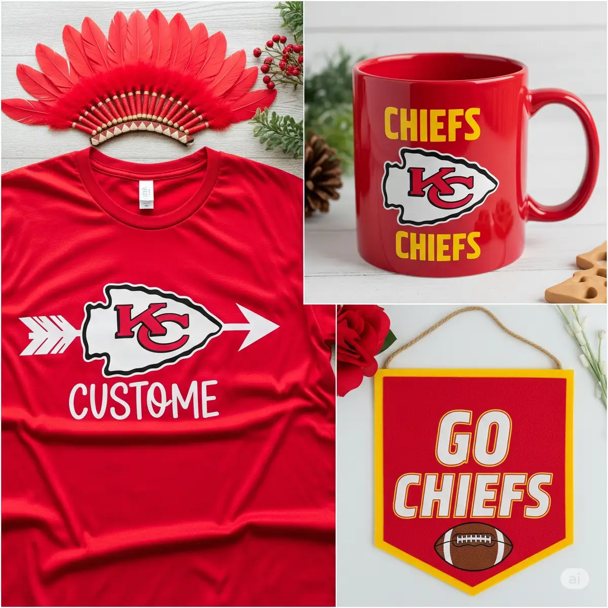 DIY Chiefs fan projects made with SVG files showing custom shirts, mugs, and gameday banners.