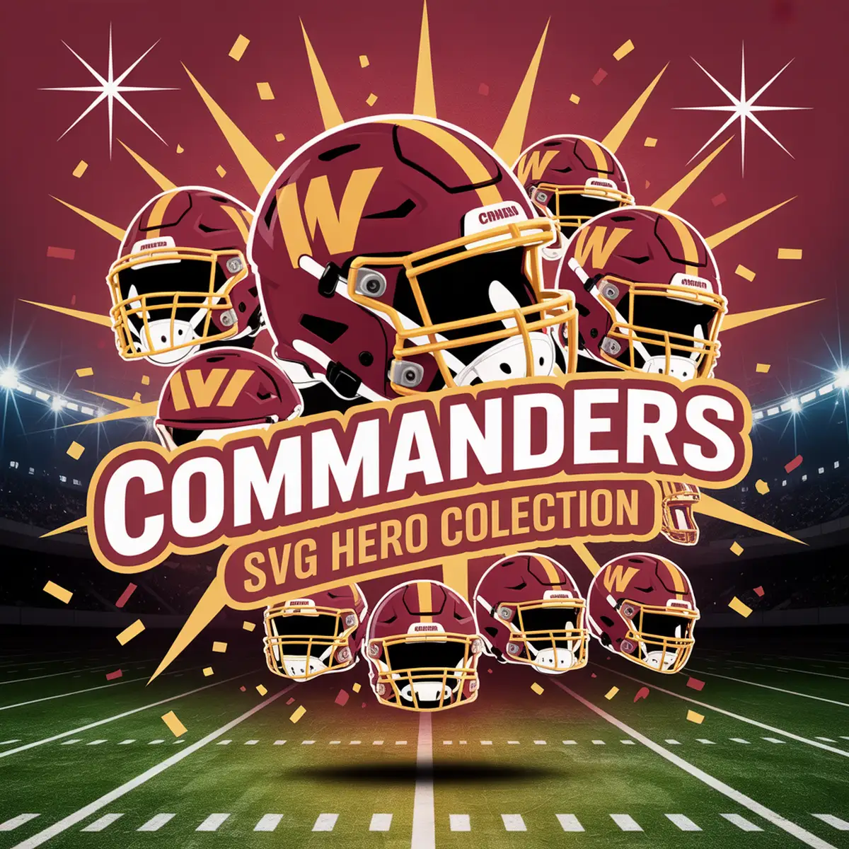 Washington Commanders SVG collection featuring official team logos, helmet designs, and Burgundy Gold graphics for Cricut projects