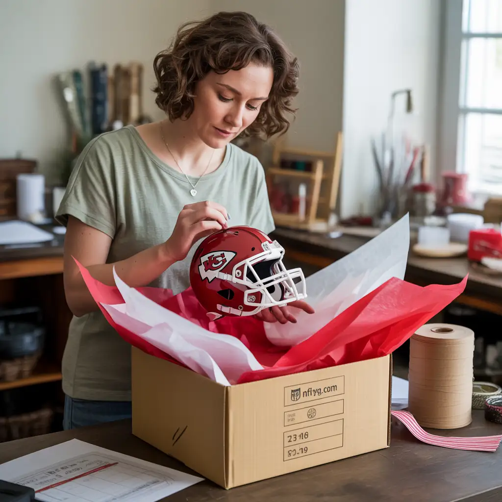 An entrepreneur packaging a handmade NFL craft for shipping, featuring designs from NFLSVG.com.