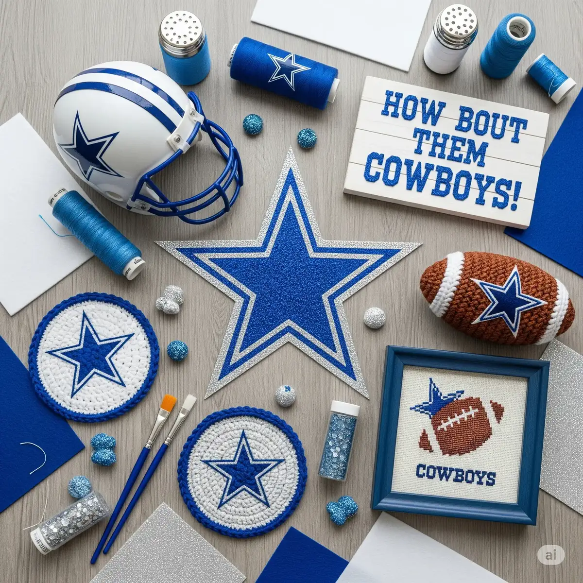 Completed Dallas Cowboys craft projects made with SVG files including custom shirts, mugs, and car decals