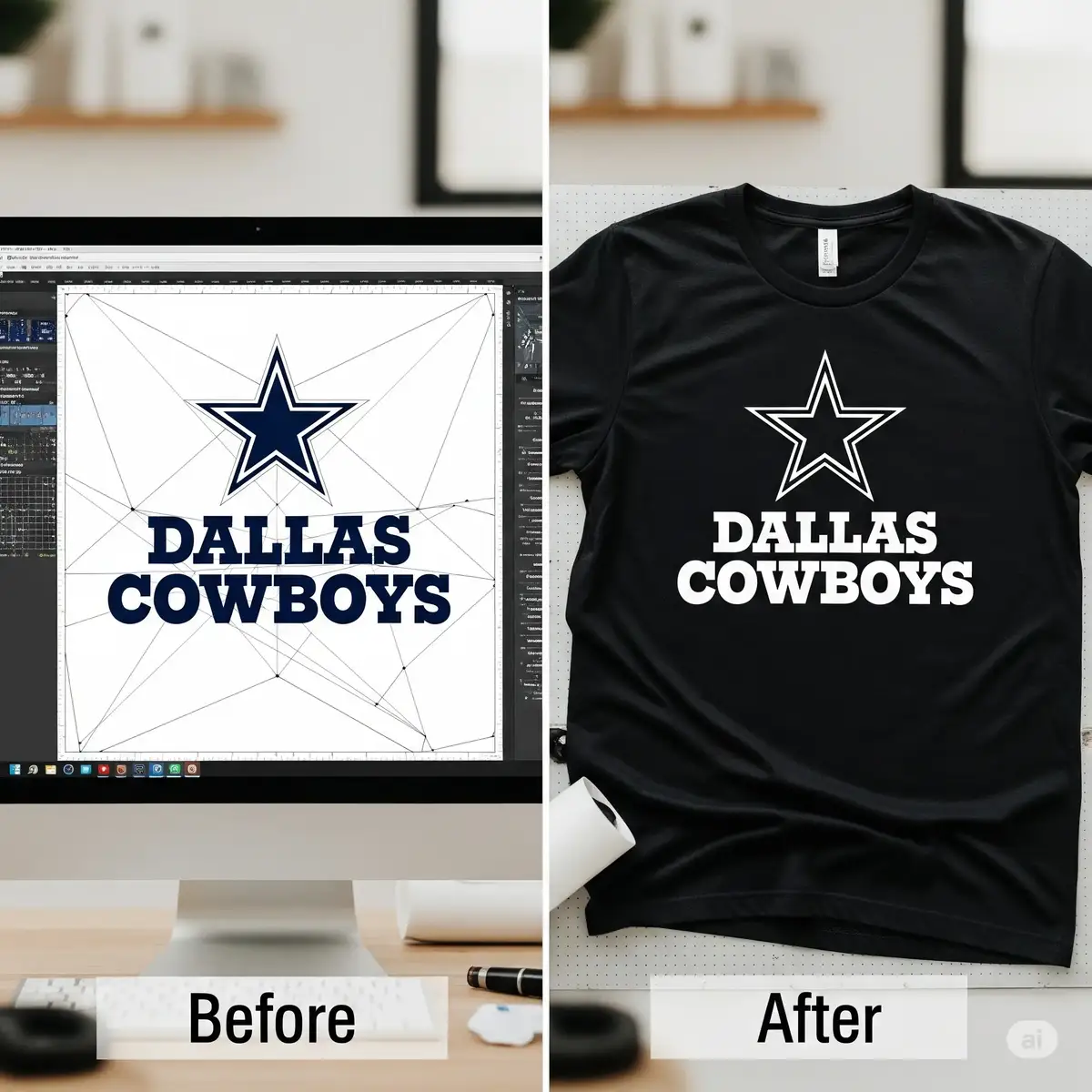 Before and after comparison of Dallas Cowboys SVG file cutting process showing raw design and finished custom shirt