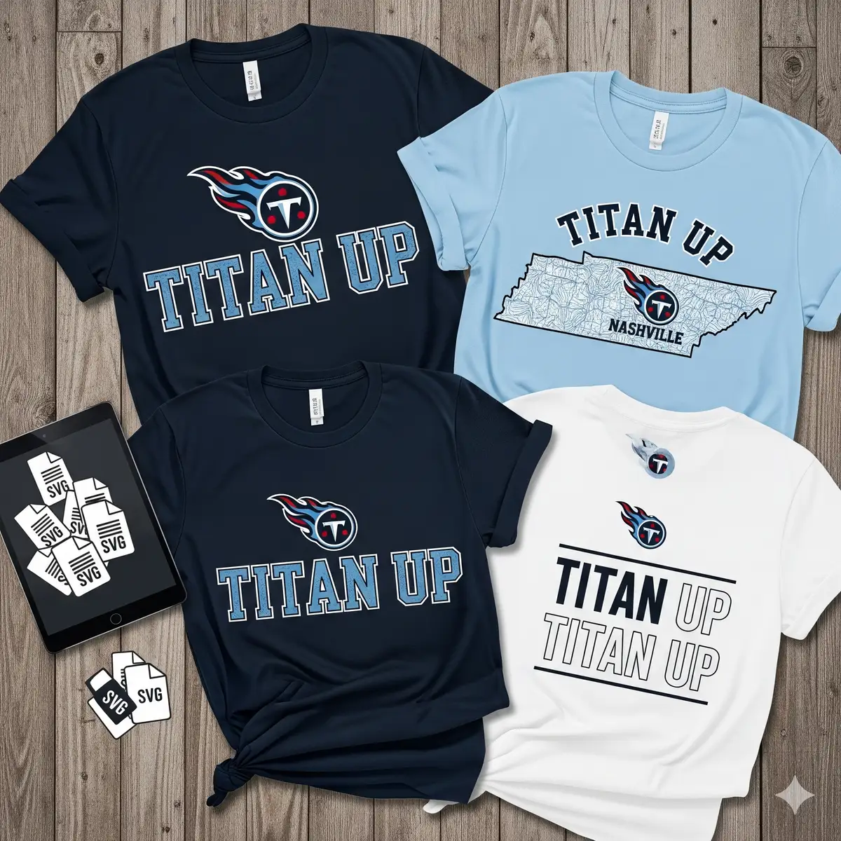 Custom Tennessee Titans t-shirts made with SVG files showing Titan Up slogans and team logos
